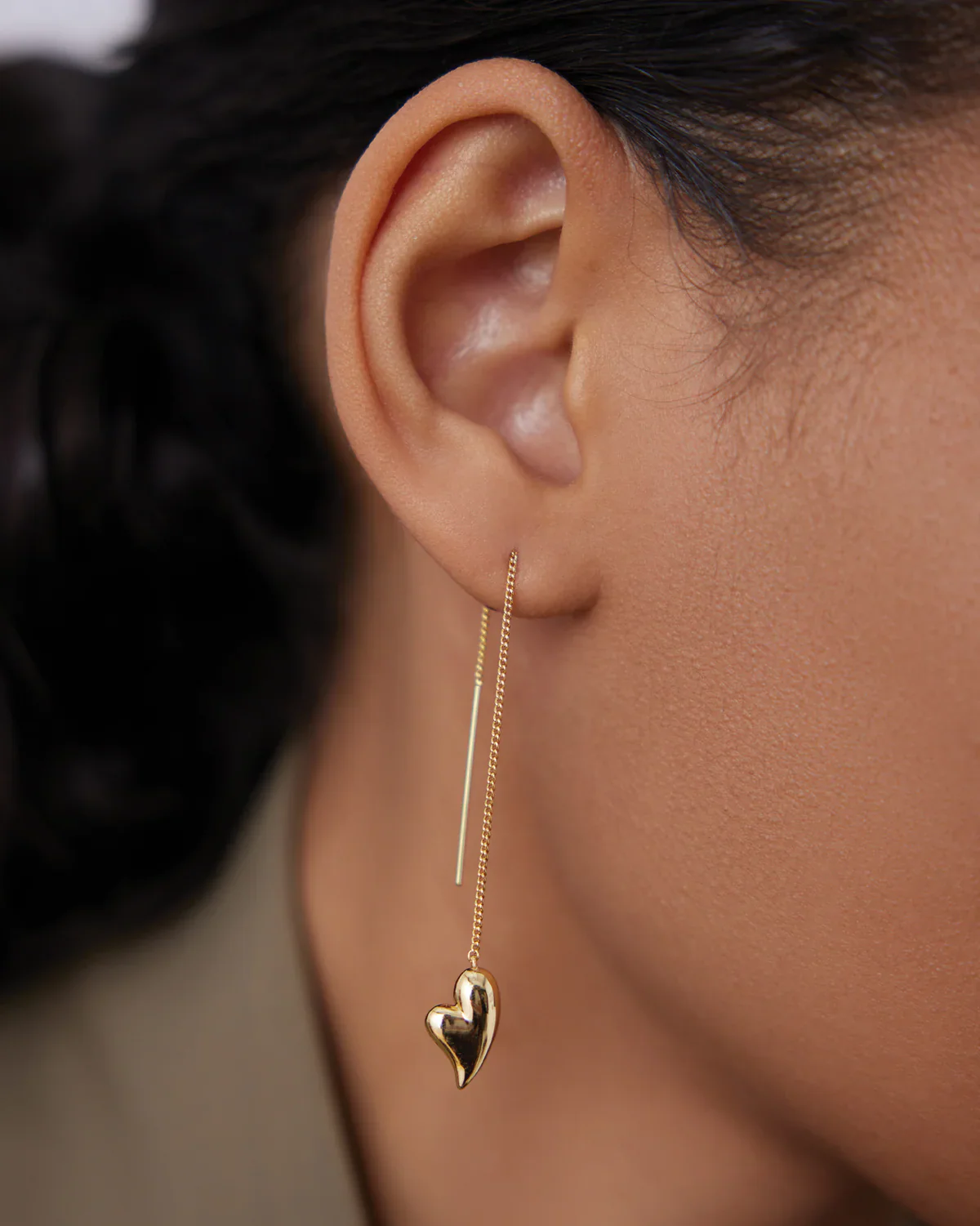 Puffy Heart Threader Earrings in Gold - Image 2
